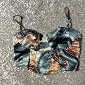 Kendall and Kylie Silky Swirl Print Satin Corset Top. XS